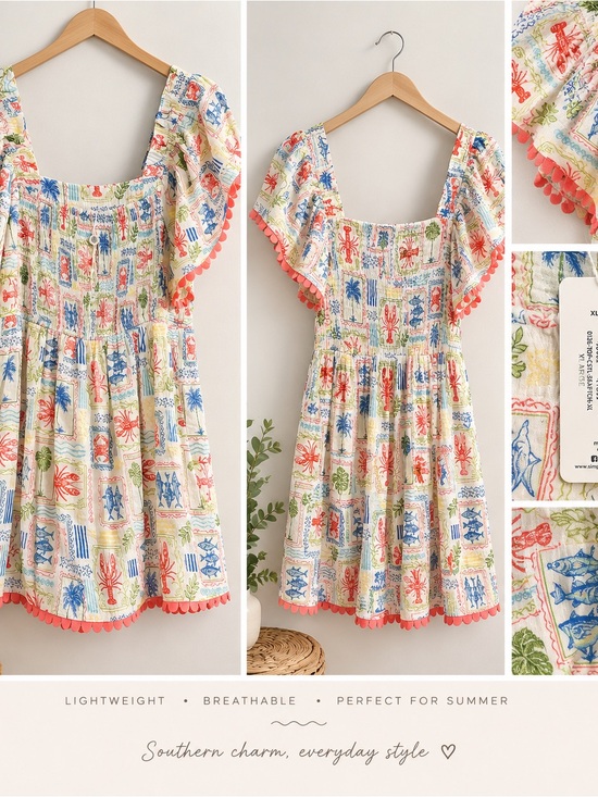 Simply Southern Tops - Simply Southern White Tropical Print with lobster Smocked Top with Coral Trim